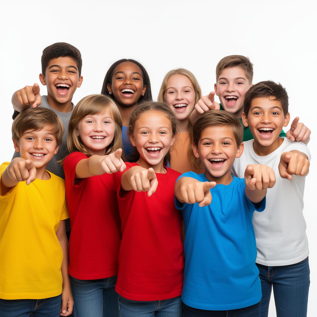 A diverse group of children pointing forward